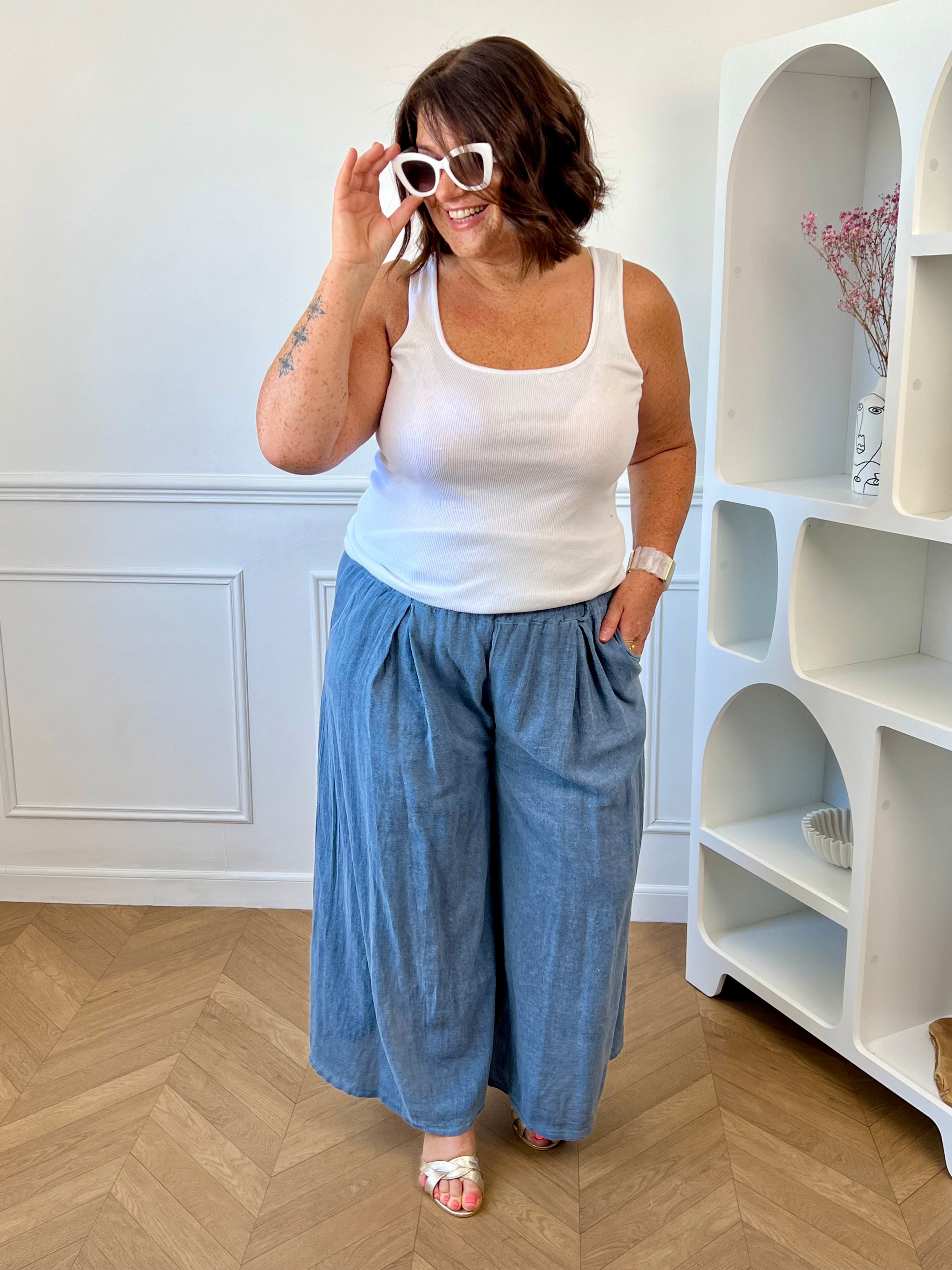 Pantalon bleu grande taille Indy 100% coton taille élastique – Loïcia
