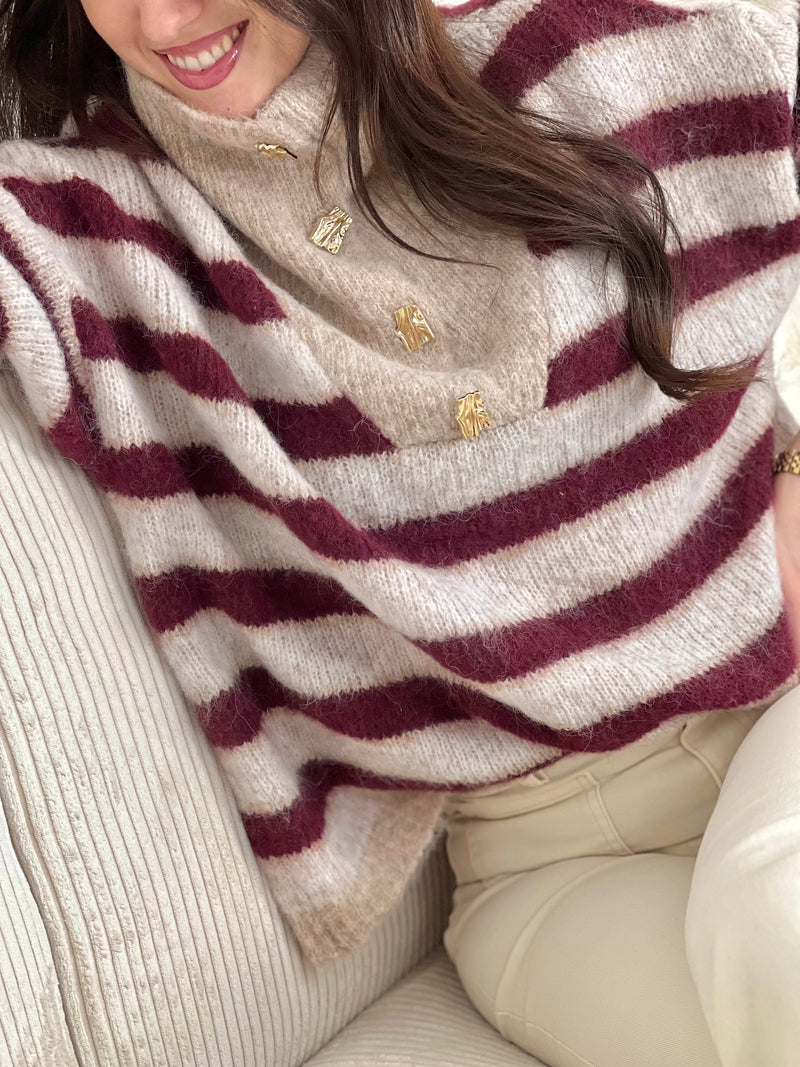 Pull rayé beige et bordeaux : Balya