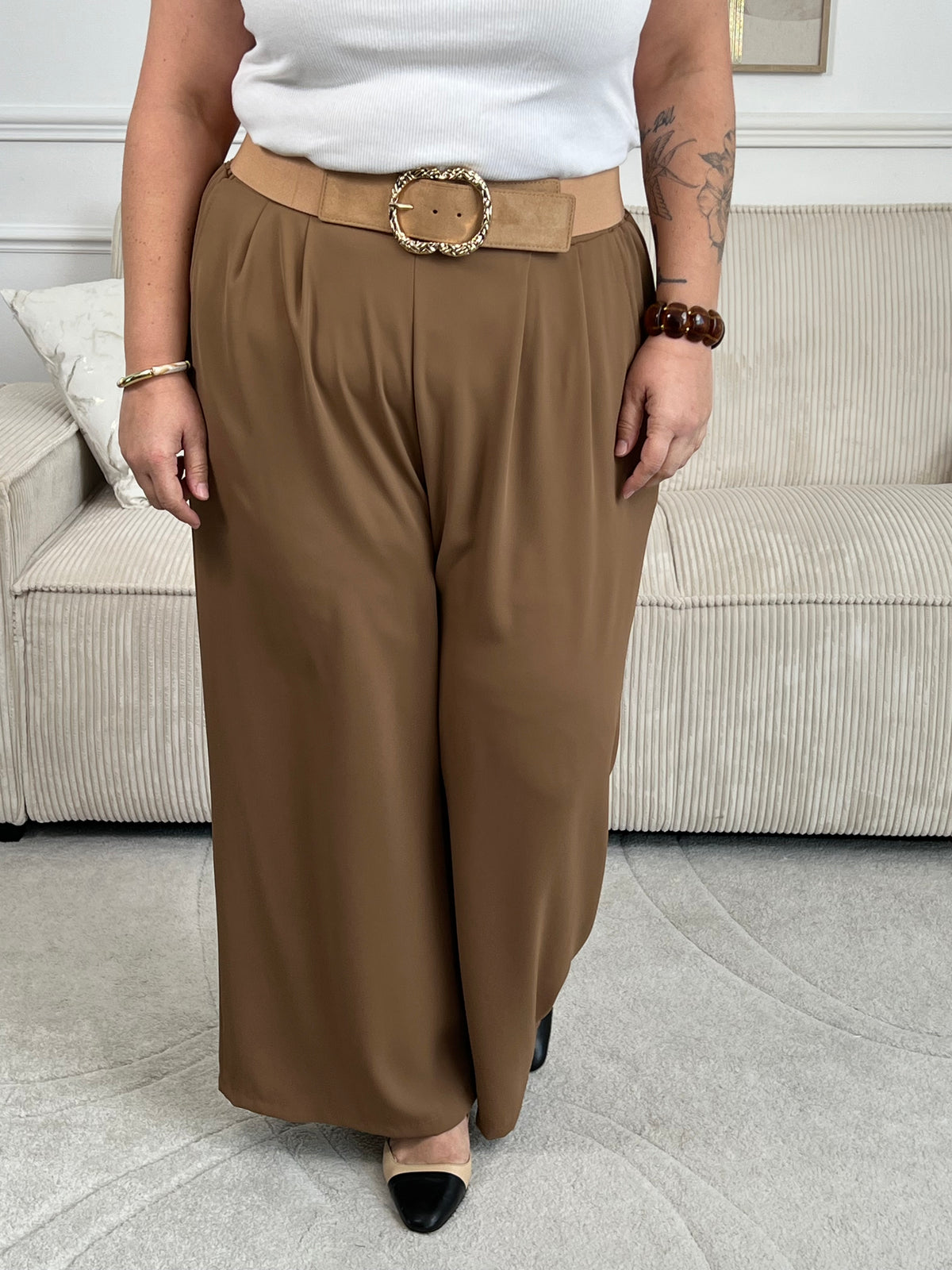 Pantalon camel coupe droite grande taille : Elie