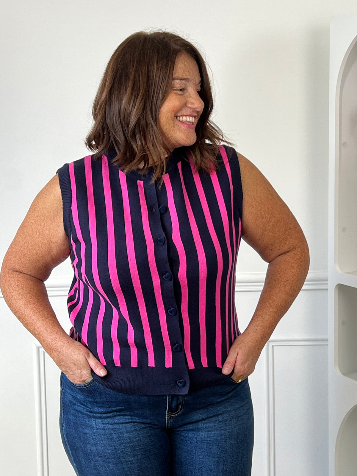 Gilet à rayures bleu marine et rose grande taille femme – Ambre | Loïcia
