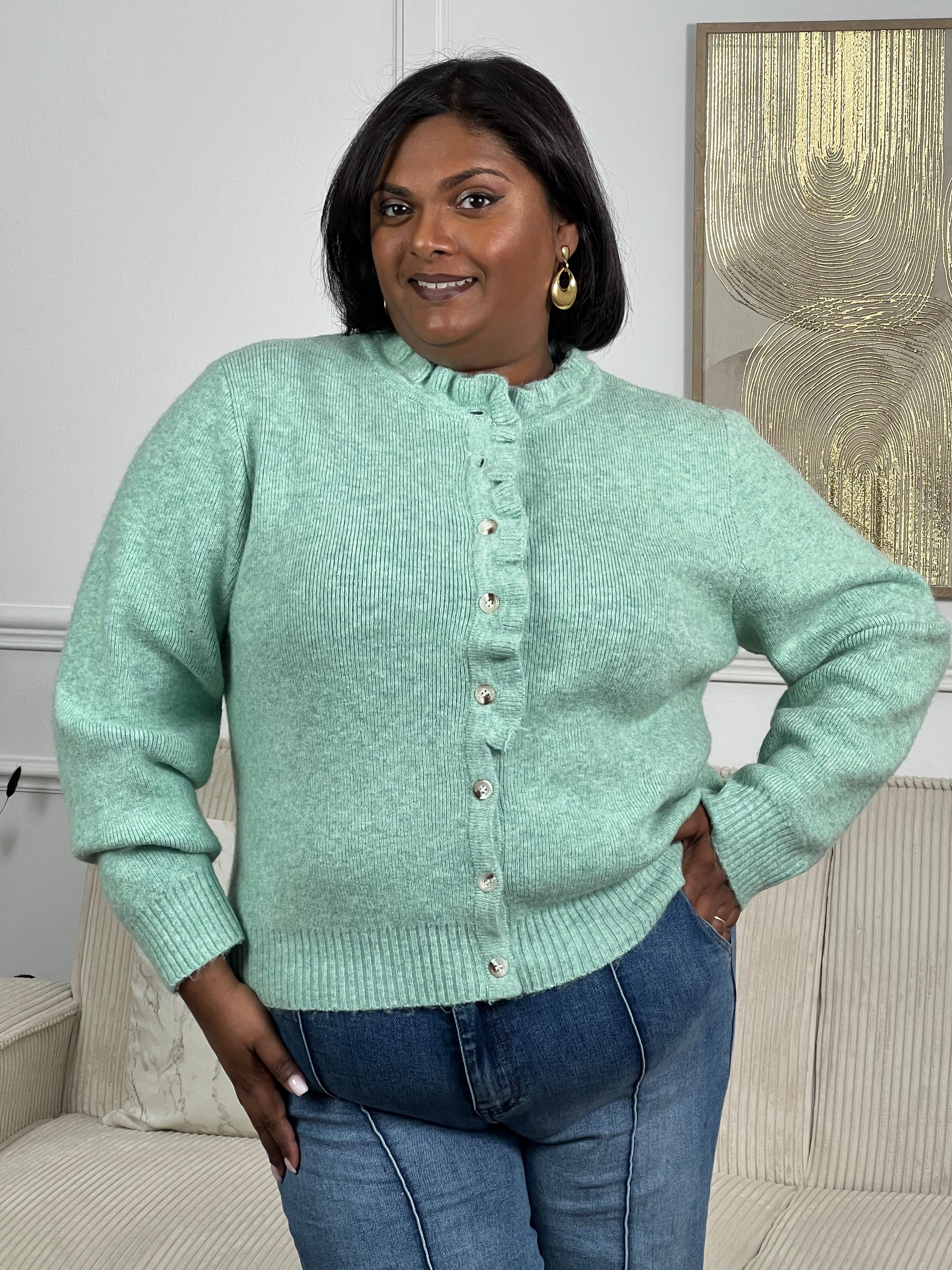 Le Gilet Alizee en vert d'eau allie élégance et confort. Manches longues, col rond et volants raffinés au col et sur la longueur créent une silhouette féminine et flatteuse. Boutons discrets sur toute la longueur. Une pièce polyvalente pour tous vos styles, pensée pour les grandes tailles.