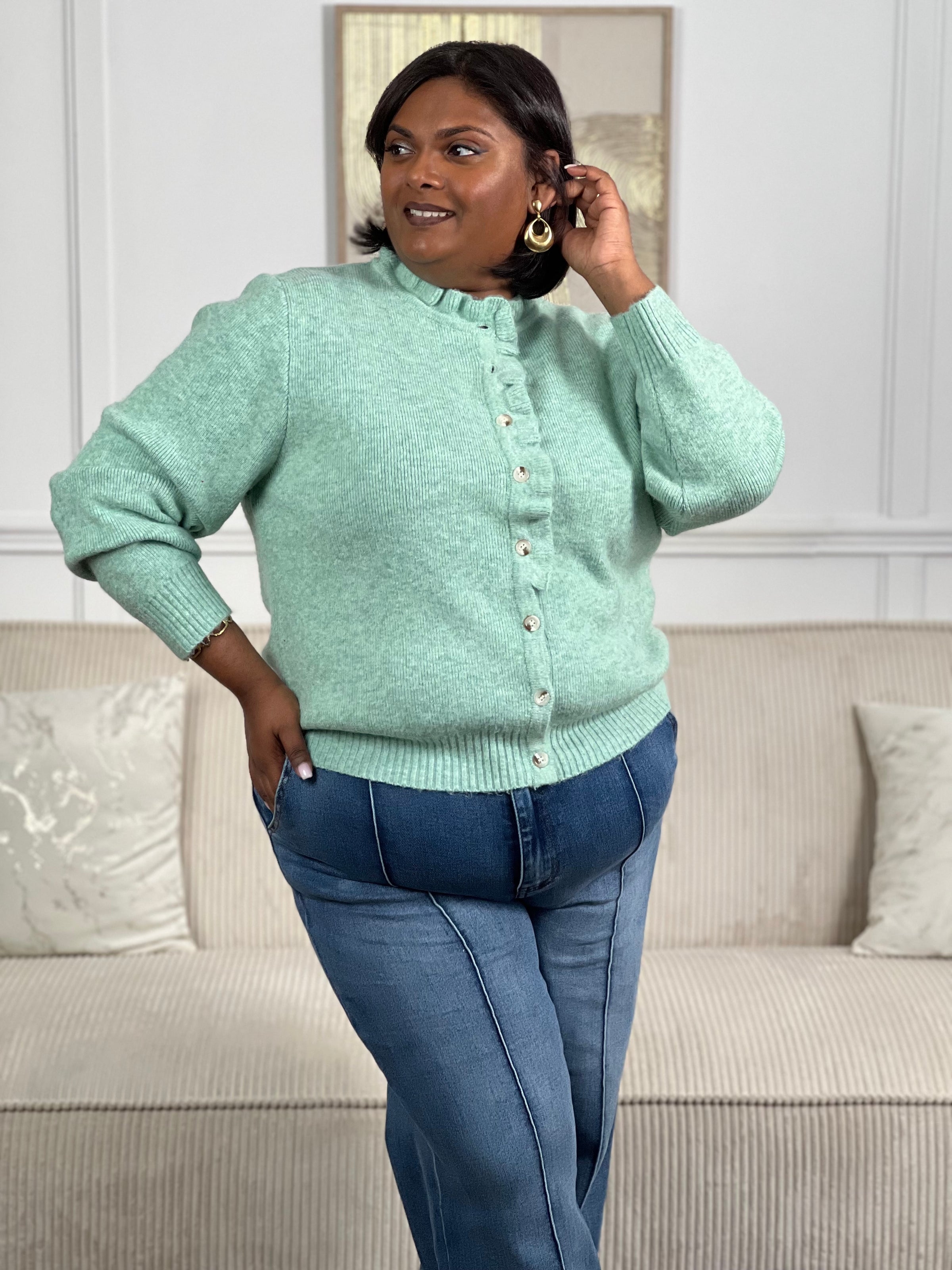 Le Gilet Alizee en vert d'eau allie élégance et confort. Manches longues, col rond et volants raffinés au col et sur la longueur créent une silhouette féminine et flatteuse. Boutons discrets sur toute la longueur. Une pièce polyvalente pour tous vos styles, pensée pour les grandes tailles.