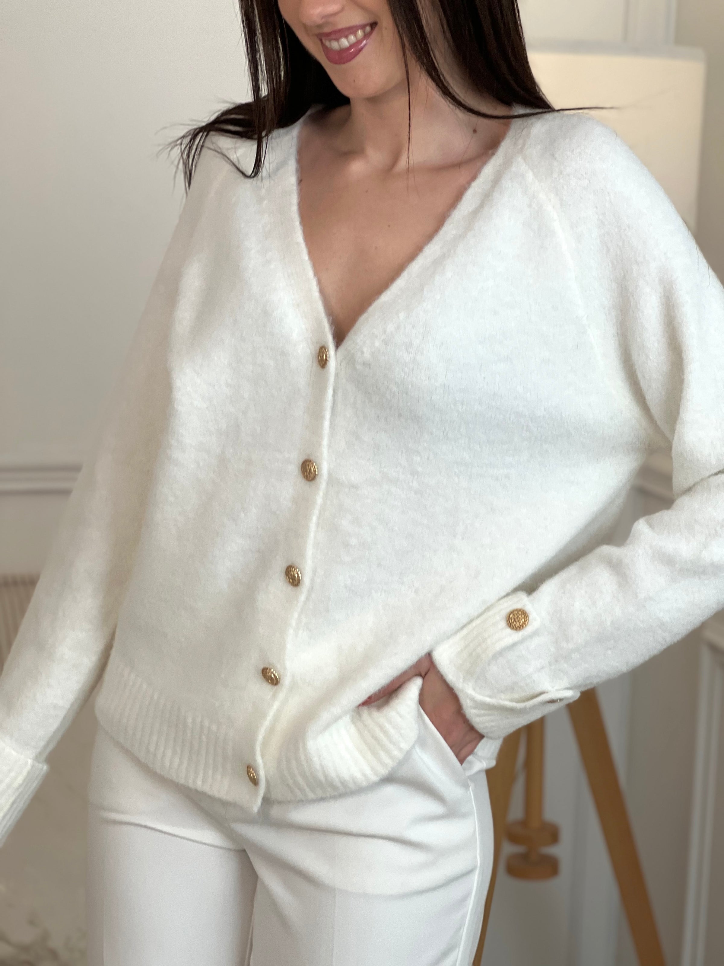 Découvrez notre gilet Daphnea, une pièce incontournable pour sublimer votre garde-robe. Confectionné en écru intemporel, ce gilet long femme allie élégance et confort avec ses manches longues et son col V flatteuse.&nbsp;