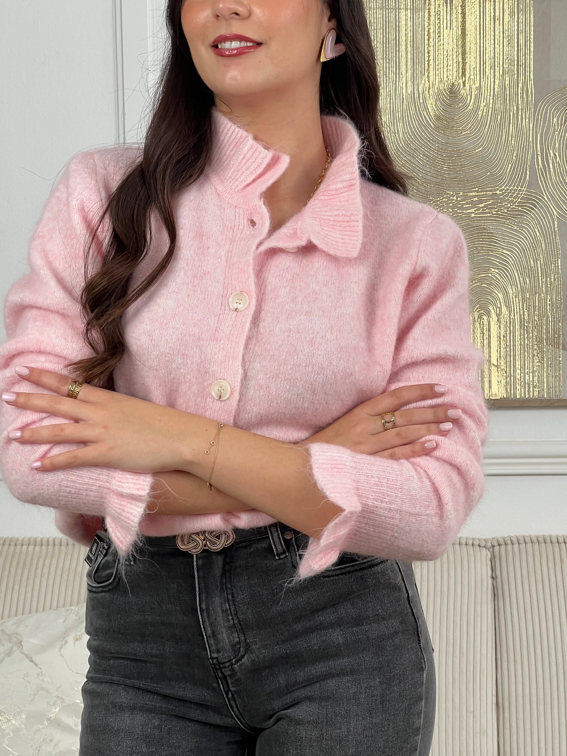 Une pièce essentielle pour sublimer votre garde-robe. Confectionné en rose délicat, ce gilet séduira par ses détails féminins : volants gracieux aux poignets et au col, manches longues et col rond douillet. Fermé par des boutons alignés sur toute la longueur, il offre une silhouette flatteuse et élégante.&nbsp;