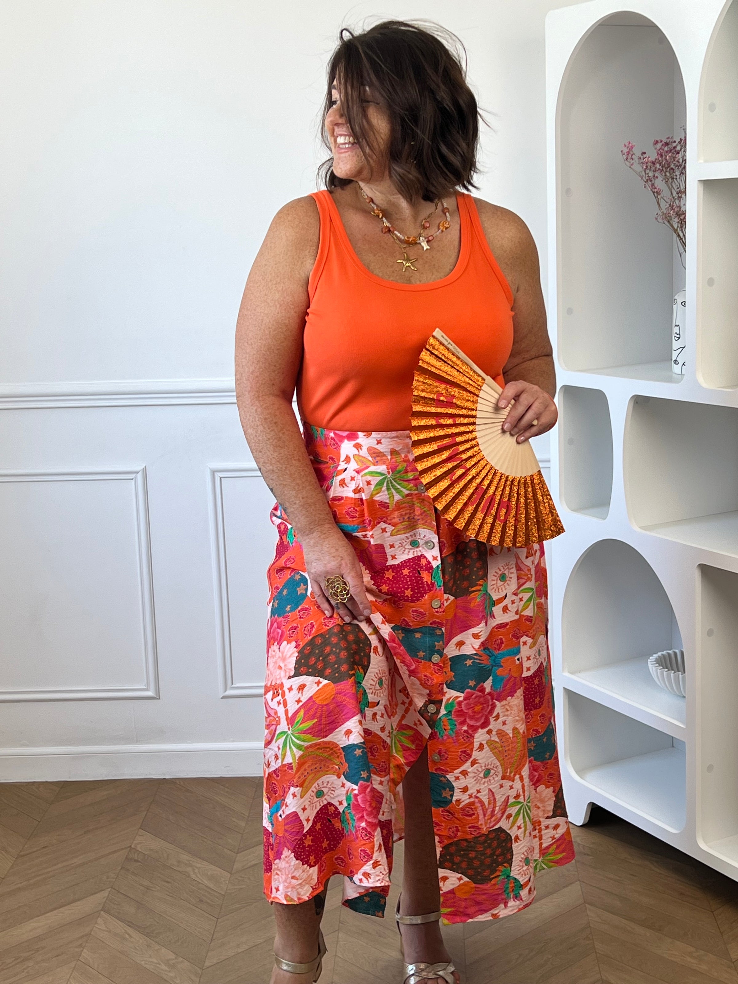 Jupe longue grande taille Maryline motifs colorés orange marron rose vert – Loïcia
