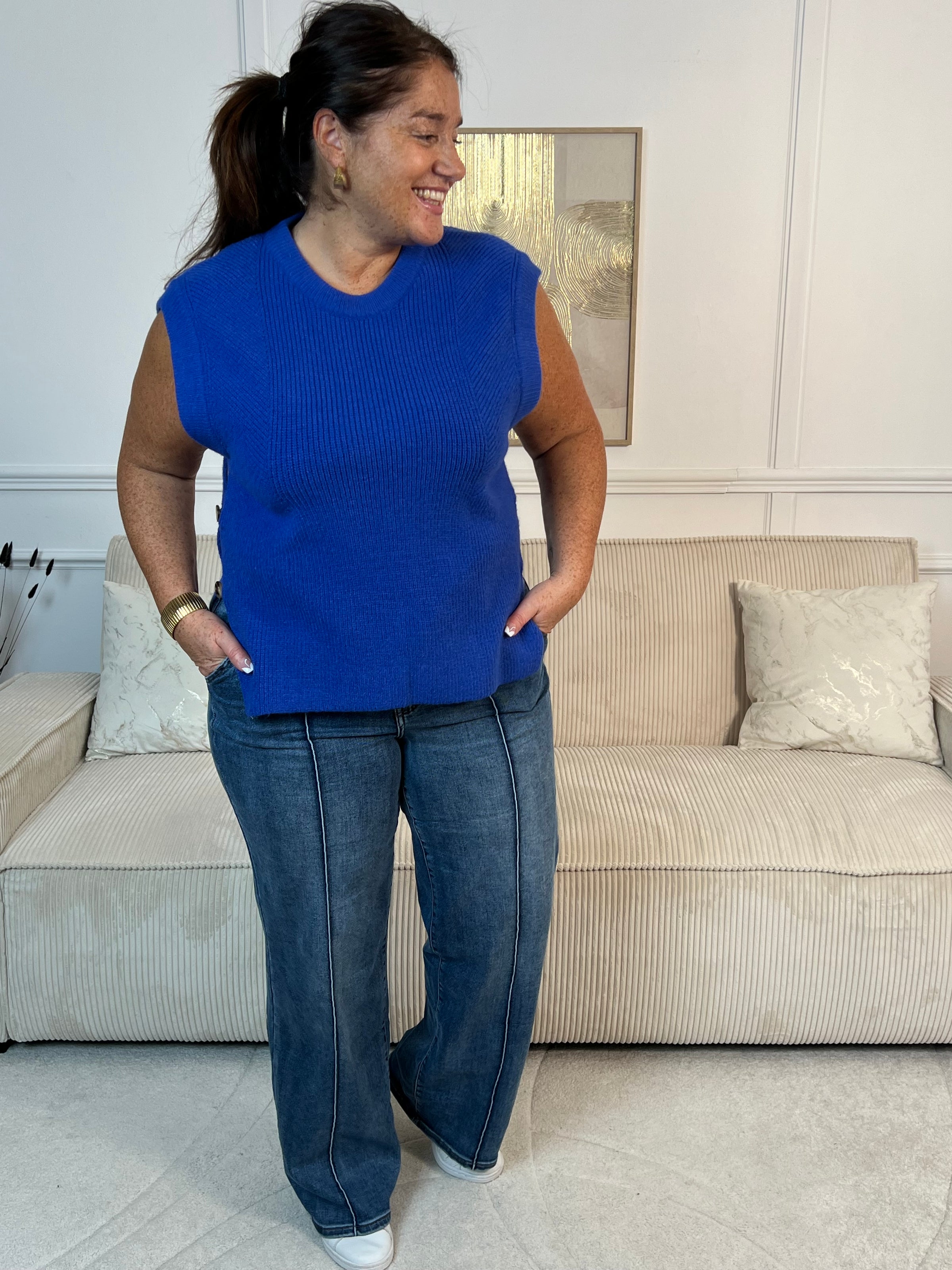 Pull manches courtes bleu col rond - Roxane | Motus Boutique Pull manches courtes bleu col rond - Roxane | Motus Boutique