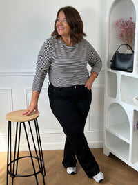 Dos du pull à rayures noir et écru grande taille Lyne – Col rond et manches longues, Made in Italy | Loïcia