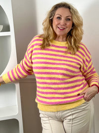 Craquez pour ce pull en laine grande taille femme, chaud et confortable. Doté de manches longues et d’un col rond, il se distingue par ses rayures horizontales roses et jaunes sur un fond violet et jaune, apportant une touche colorée et originale à vos tenues.
