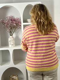 Craquez pour ce pull en laine grande taille femme, chaud et confortable. Doté de manches longues et d’un col rond, il se distingue par ses rayures horizontales roses et jaunes sur un fond violet et jaune, apportant une touche colorée et originale à vos tenues.