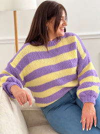 Craquez pour ce pull en laine grande taille femme, doux et confortable. Doté de manches longues et d’un col rond intemporel, il se distingue par ses rayures horizontales violettes et jaunes qui apportent une touche colorée et originale à vos tenues d’hiver.