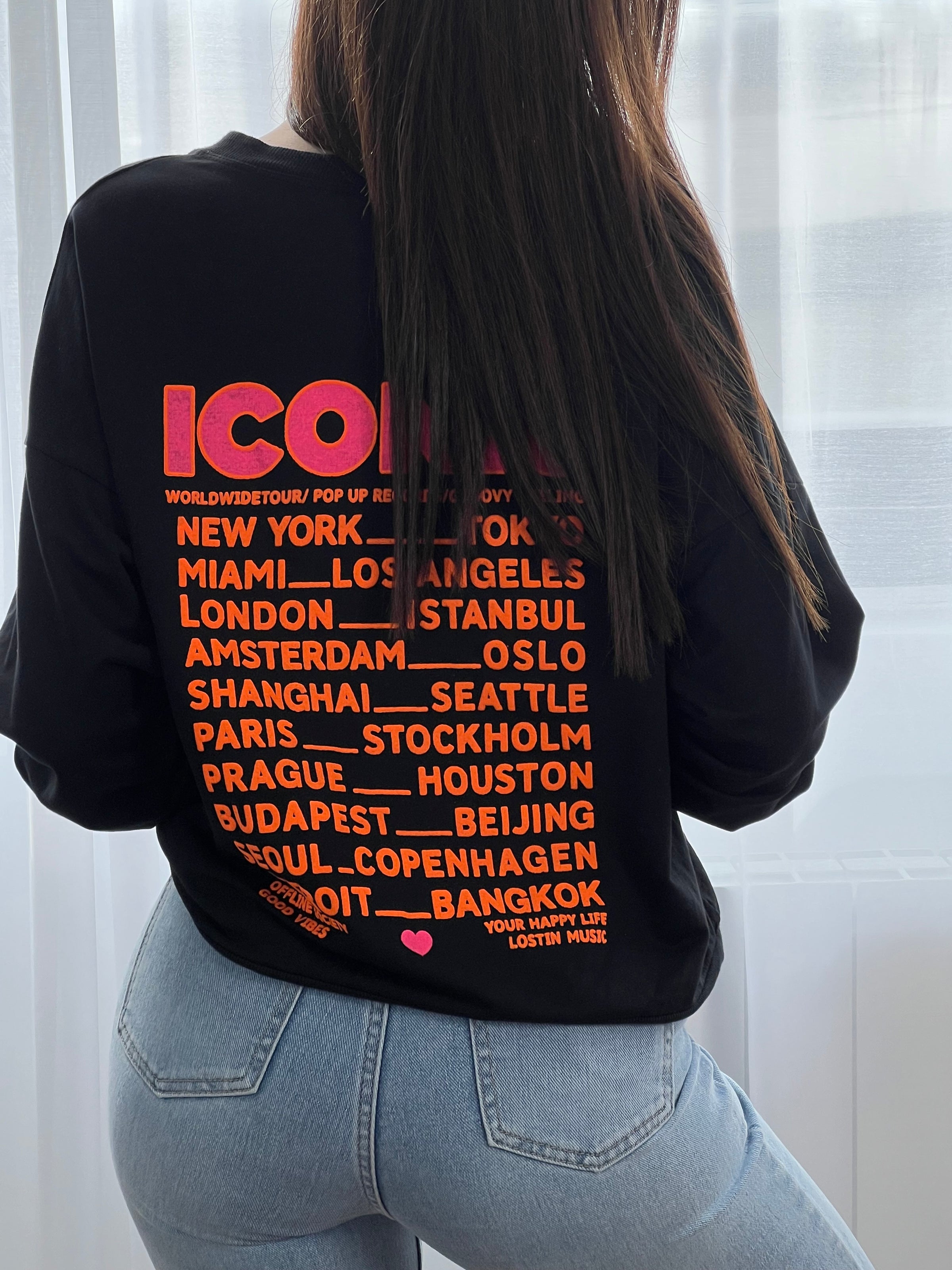 Notre sweat noir en coton, l'allié parfait pour affirmer votre style avec assurance. Coupe généreuse, ce sweat allie confort et originalité. Son col rond et ses manches longues offrent une chaleur douce, tandis que les inscriptions rose et orange fluo sur le devant et le dos créent un contraste vibrant et dynamique.&nbsp;