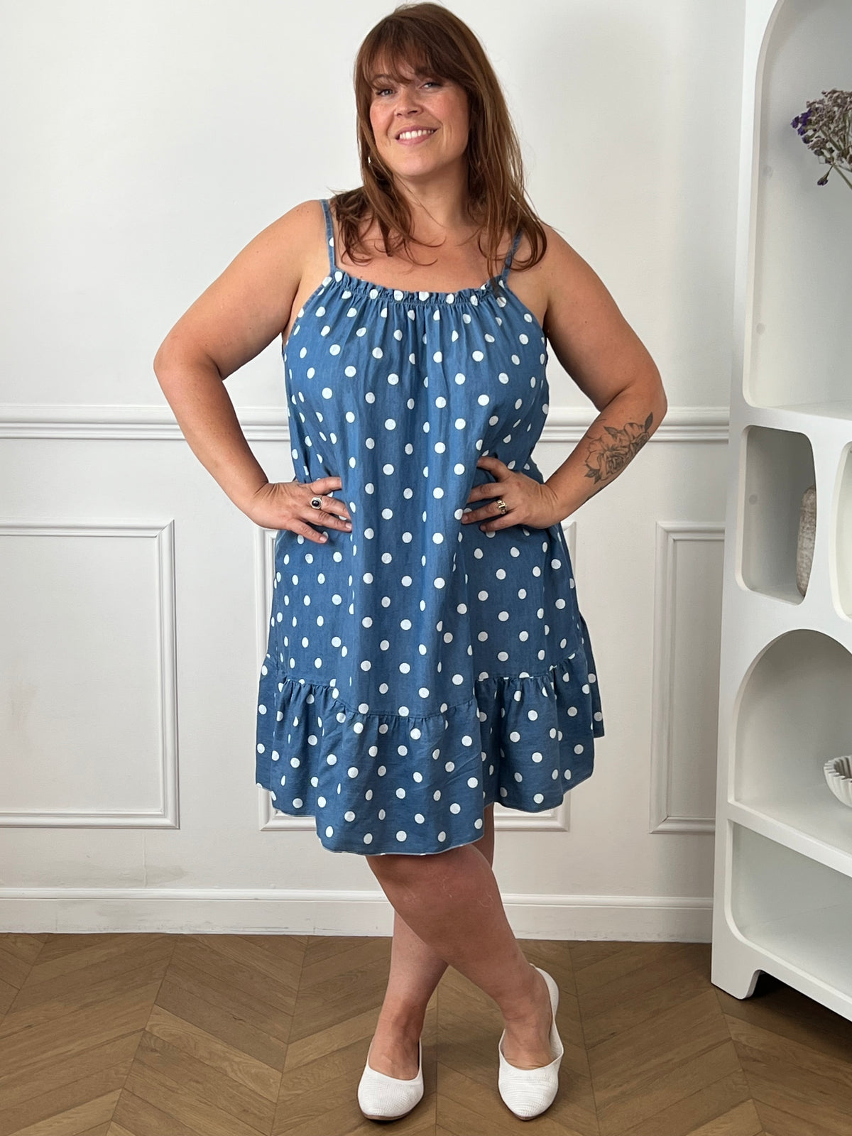 Robe grande taille femme ronde bleue et écrue 100% Lyocell – Loïcia
