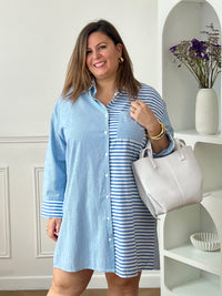 Robe chemise bleue grande taille Minela rayures bleu et écru – Loïcia
