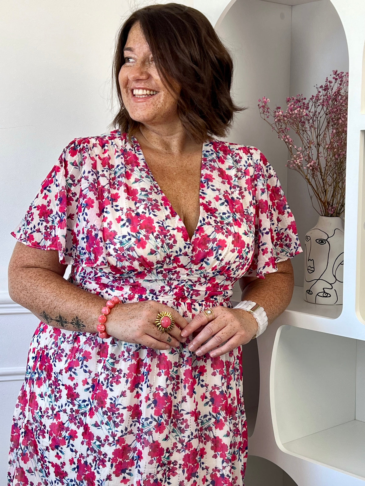 Robe grande taille femme fleurie fil lurex argenté doublée du 40/42 au 48/50 – Loïcia
