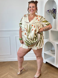Craquez pour cette robe short grande taille femme, parfaite pour un look féminin et confortable. Dotée d'un col V, de manches courtes, d'un dos nu fermé par un bouton et d'une taille élastiquée au dos, elle offre une coupe agréable à porter. Ses poches latérales et son imprimé aux tons beige, vert, kaki, marron et orange en font une pièce idéale pour la belle saison.