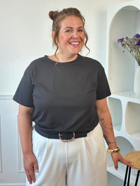 Ajoutez une touche de romantisme à vos tenues avec ce tee-shirt noir grande taille à la fois confortable et féminin. Doté d’un col rond et de manches courtes, il se distingue par son élégant empiècement en dentelle ajourée au dos, formant un délicat motif cœur. Confectionné dans une matière douce et légèrement extensible composée de 97% coton et 3% élasthanne, ce modèle noir et écru est idéal pour allier confort et style au quotidien.