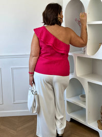 Top fuchsia curve vue de dos sans manches motif quadrillé – Loïcia