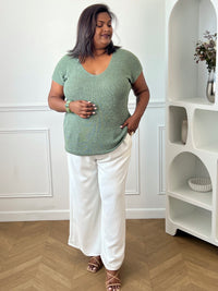 Tee-shirt kaki femme grande taille sans manches, doté d’un élégant col V et rehaussé de délicats fils de lurex argenté brillant. Sa coupe confortable et féminine met en valeur la silhouette tout en apportant une touche lumineuse et tendance à vos tenues du quotidien comme de soirée. Un indispensable pour allier confort, style et éclat.&nbsp;