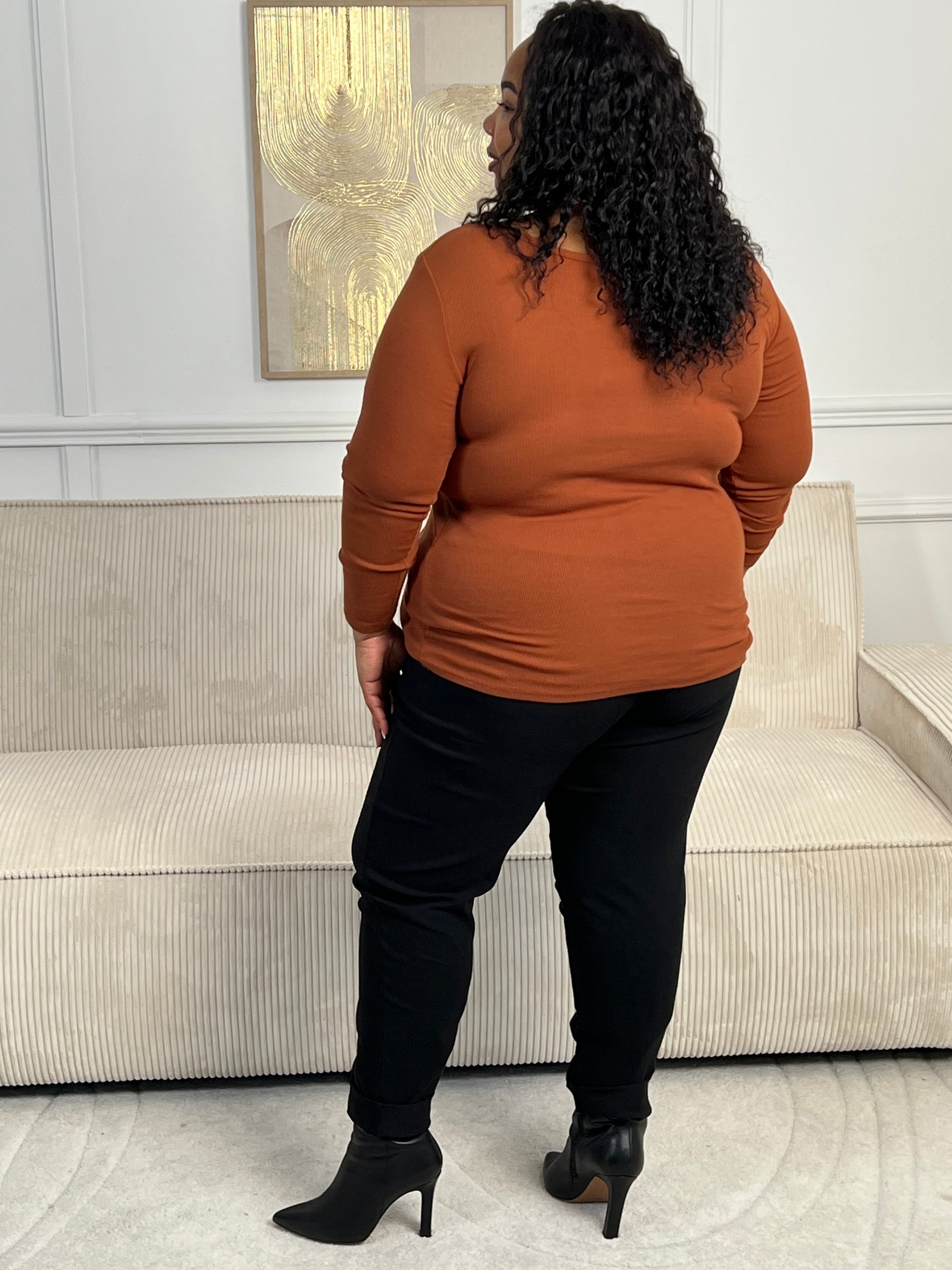 Indispensable du dressing, ce top rouille manches longues mise sur la simplicité et l'efficacité. Sa coupe épurée en fait une pièce facile à porter et à associer, parfaite en toute saison, seule ou sous une veste.