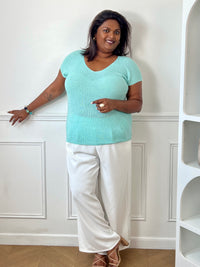 Tee-shirt turquoise femme grande taille sans manches, doté d’un élégant col V et rehaussé de délicats fils de lurex argenté brillant. Sa coupe confortable et féminine met en valeur la silhouette tout en apportant une touche lumineuse et tendance à vos tenues du quotidien comme de soirée. Un indispensable pour allier confort, style et éclat.&nbsp;