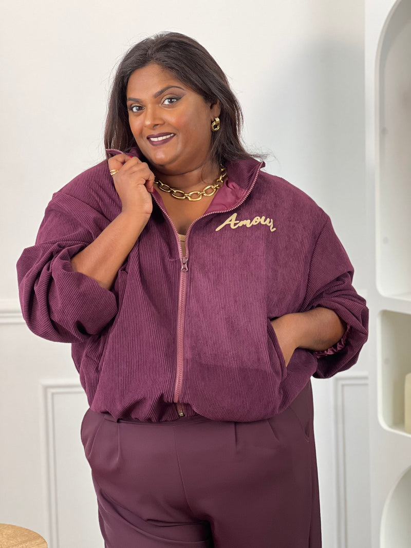 Bomber prune en velours grande taille femme – Arlo inscription Amour | Loïcia