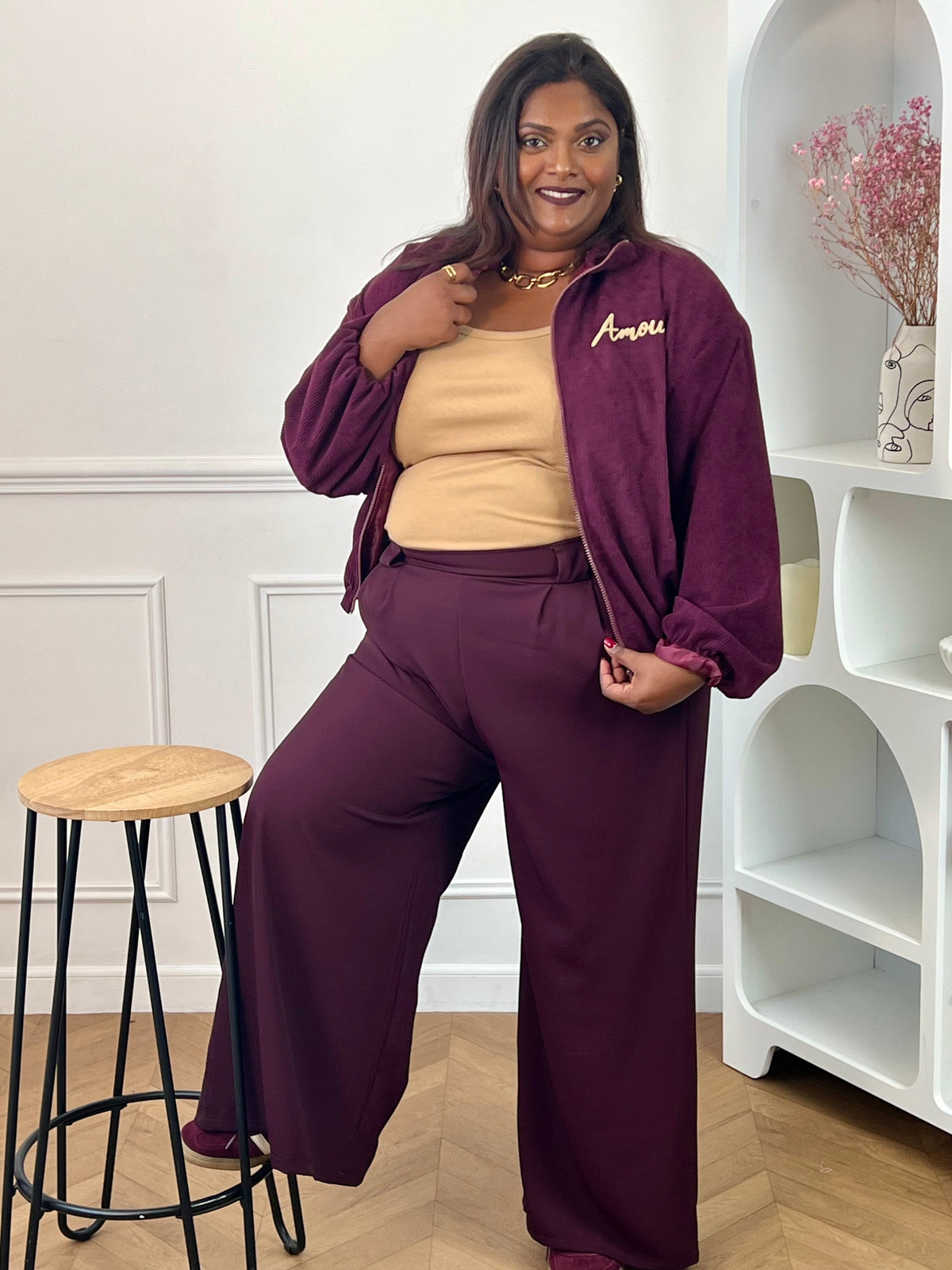 Dos de la veste bomber prune grande taille Arlo – Manches bouffantes et fermeture éclair prune, Made in Italy | Loïcia