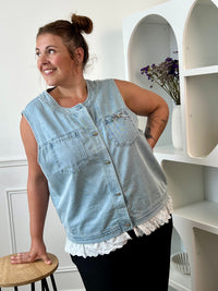 Veste denim curve sans manches boutons nœud quadrillé taille unique 44/52 – Loïcia
