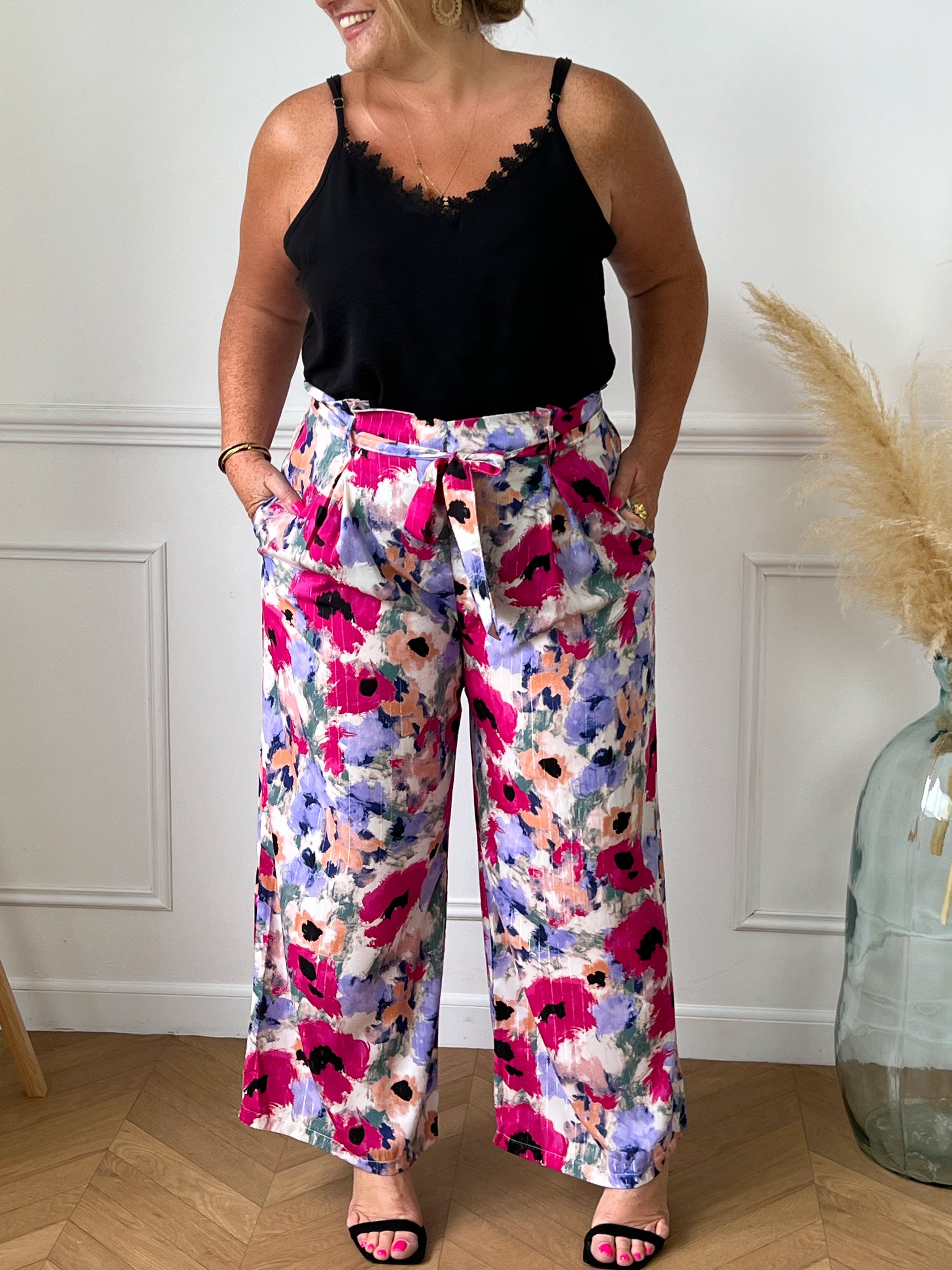 Pantalon large color avec ceinture amovible grande taille femme