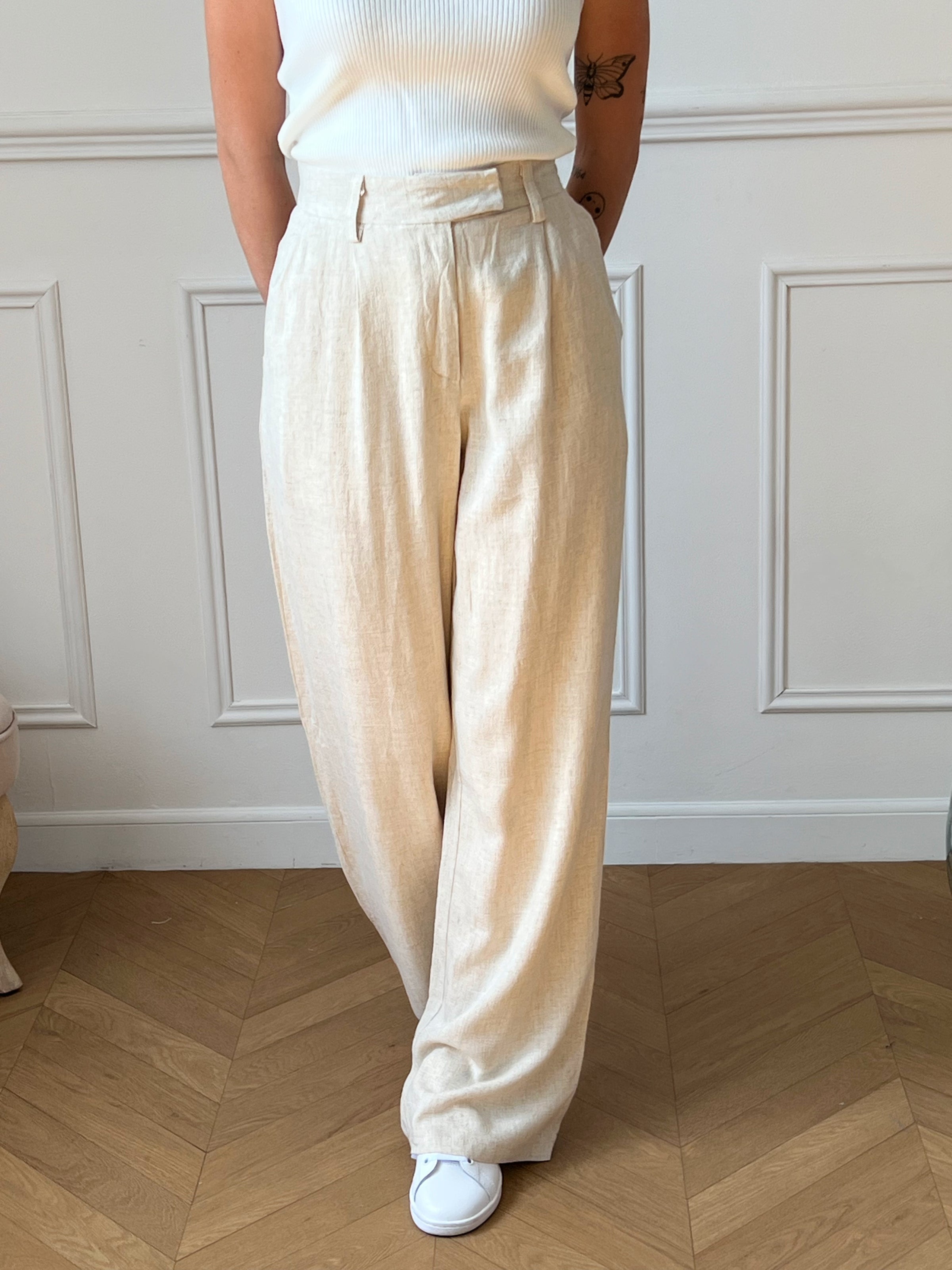 Pantalon lin beige femme best sale