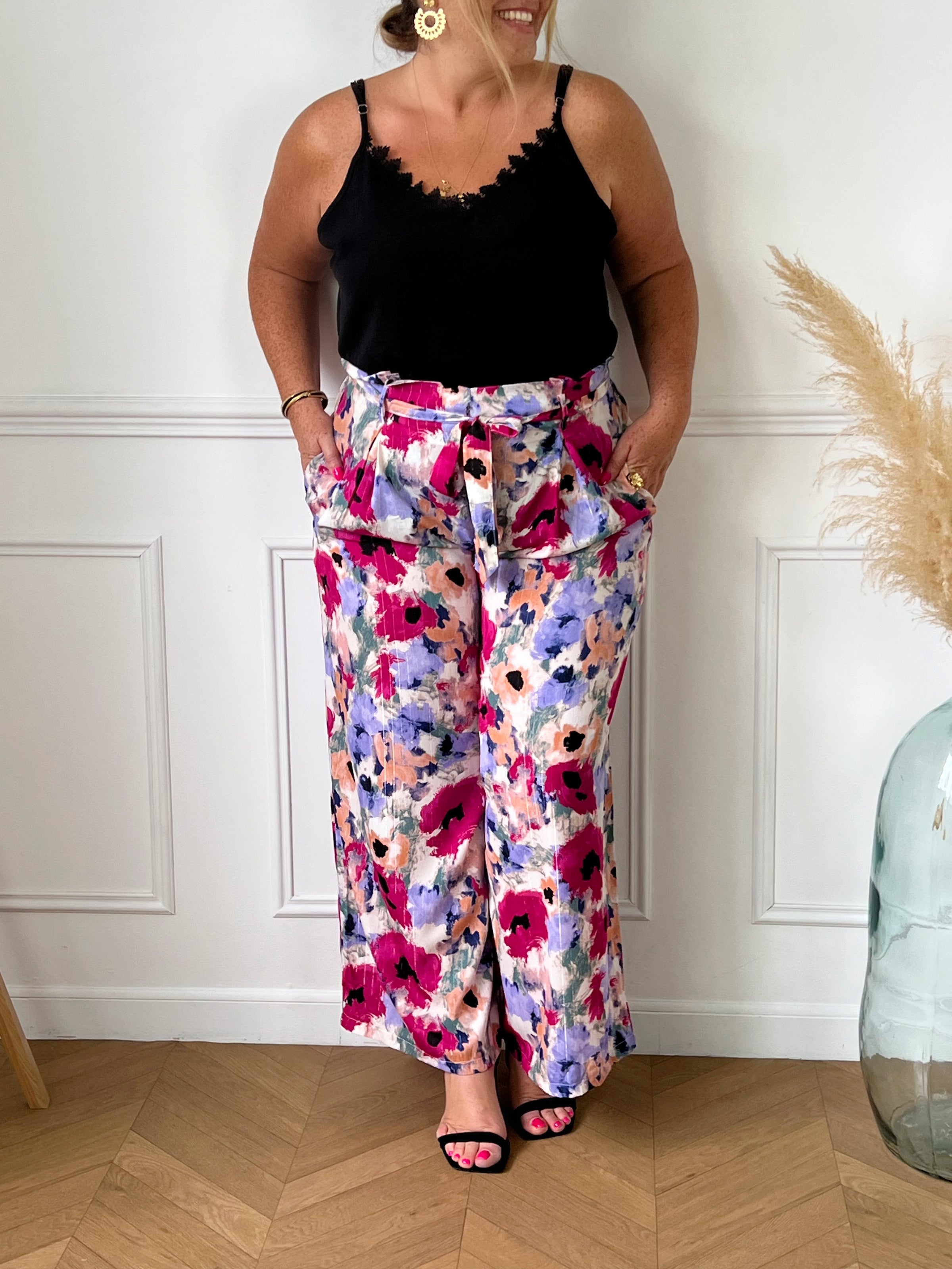 Pantalon large color avec ceinture amovible grande taille femme