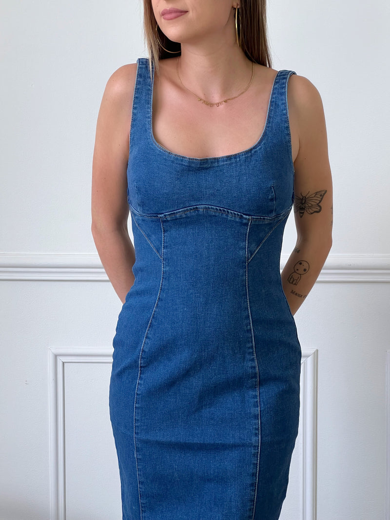 Robe longue moulante en jean avec fente et fermeture eclair au dos Loicia