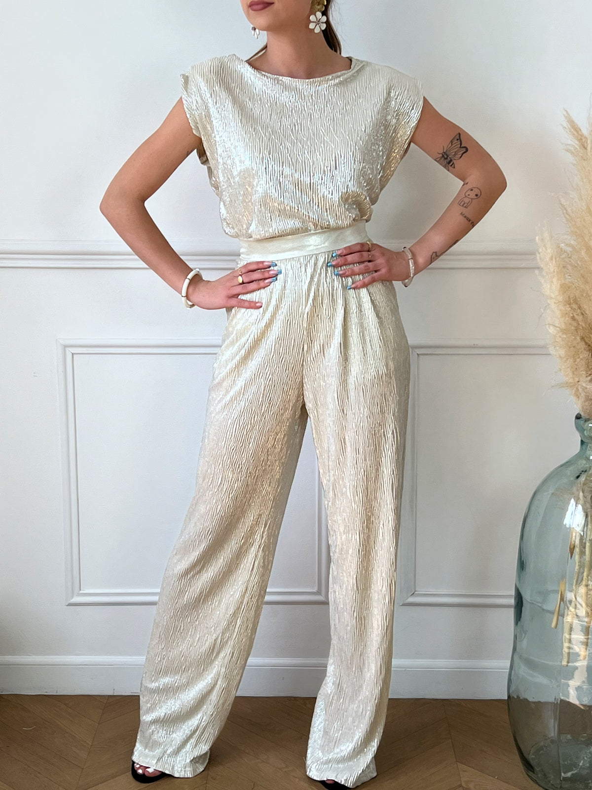Pantalon métallisé beige : Amira - Loïcia