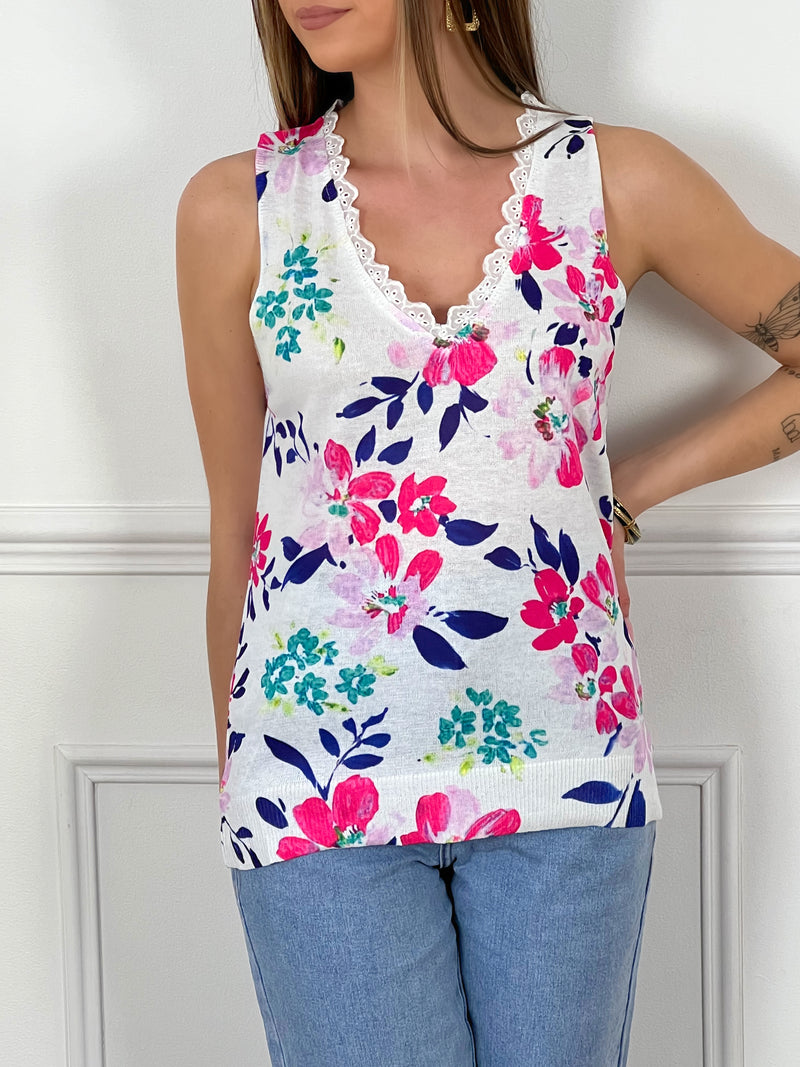 Top sans manches avec broderie au col Top sans manches Col V Broderie au col Motif floral Couleurs : rose, violet, blanc et vert Composition : 60% Polyester, 40% Viscose Made in RPC