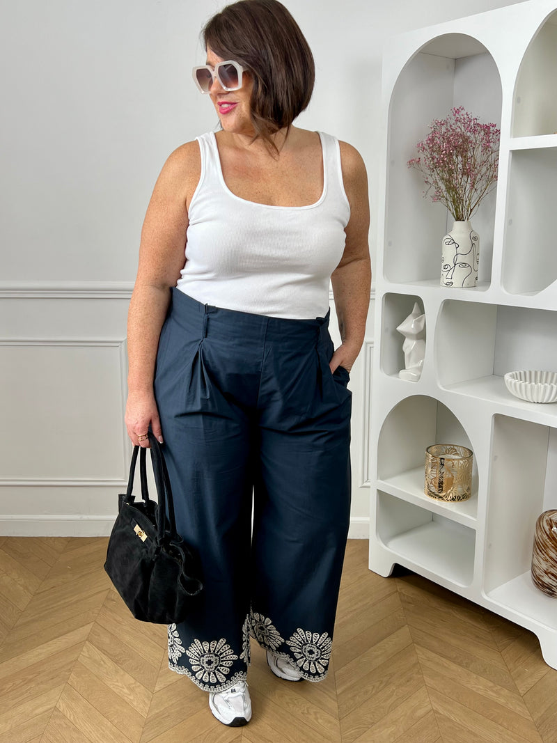 Pantalon bleu coupe droite grande taille, idéal pour un look élégant et confortable au quotidien. Doté d’un élastique au dos et de passants pour ceinture, il assure un ajustement parfait. Sa matière fluide et ses poches latérales offrent praticité et légèreté. Les détails de broderie blanche ajourée apportent une touche raffinée et féminine à cette pièce tendance.