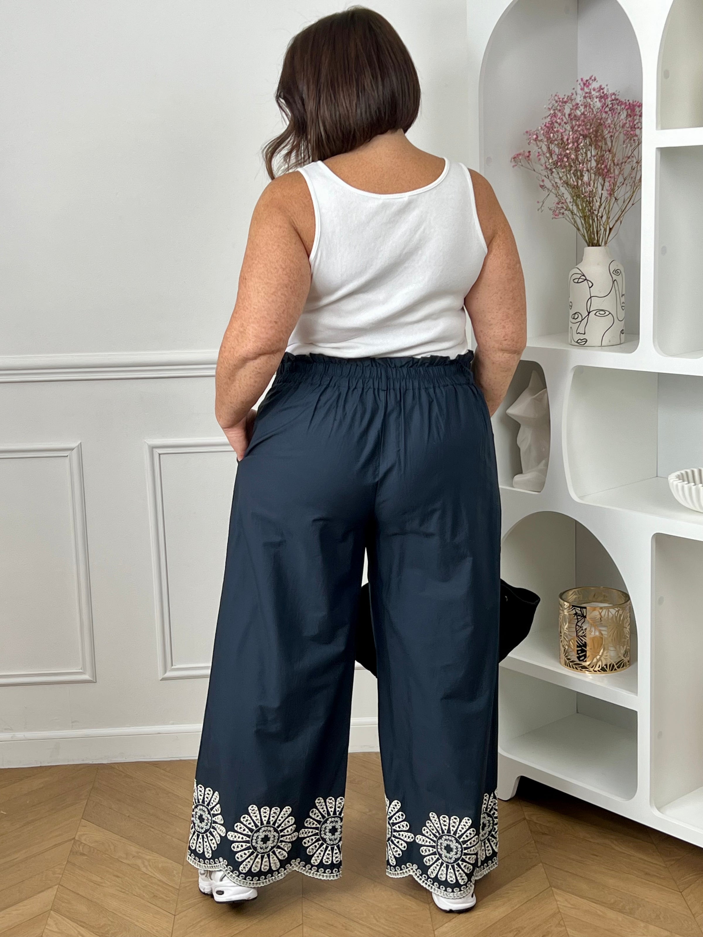 Pantalon bleu coupe droite grande taille, idéal pour un look élégant et confortable au quotidien. Doté d’un élastique au dos et de passants pour ceinture, il assure un ajustement parfait. Sa matière fluide et ses poches latérales offrent praticité et légèreté. Les détails de broderie blanche ajourée apportent une touche raffinée et féminine à cette pièce tendance.