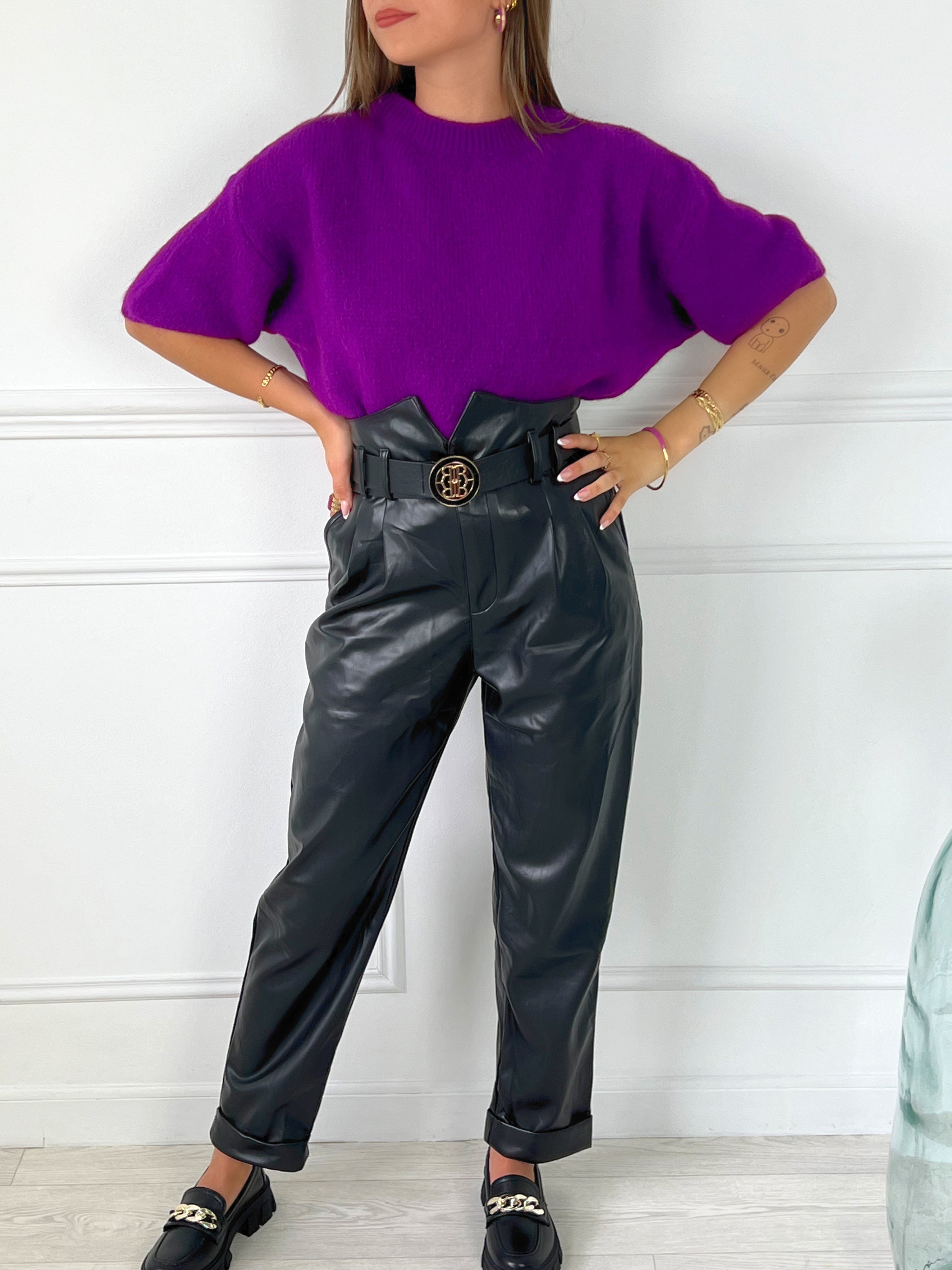 Pantalon taille haute top simili cuir ceinture