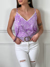 Top à motifs violets et blancs Top Bretelles réglables Décolleté avec broderie Couleur : violet et blanc Composition : 100% Polyester Made in P.R.C