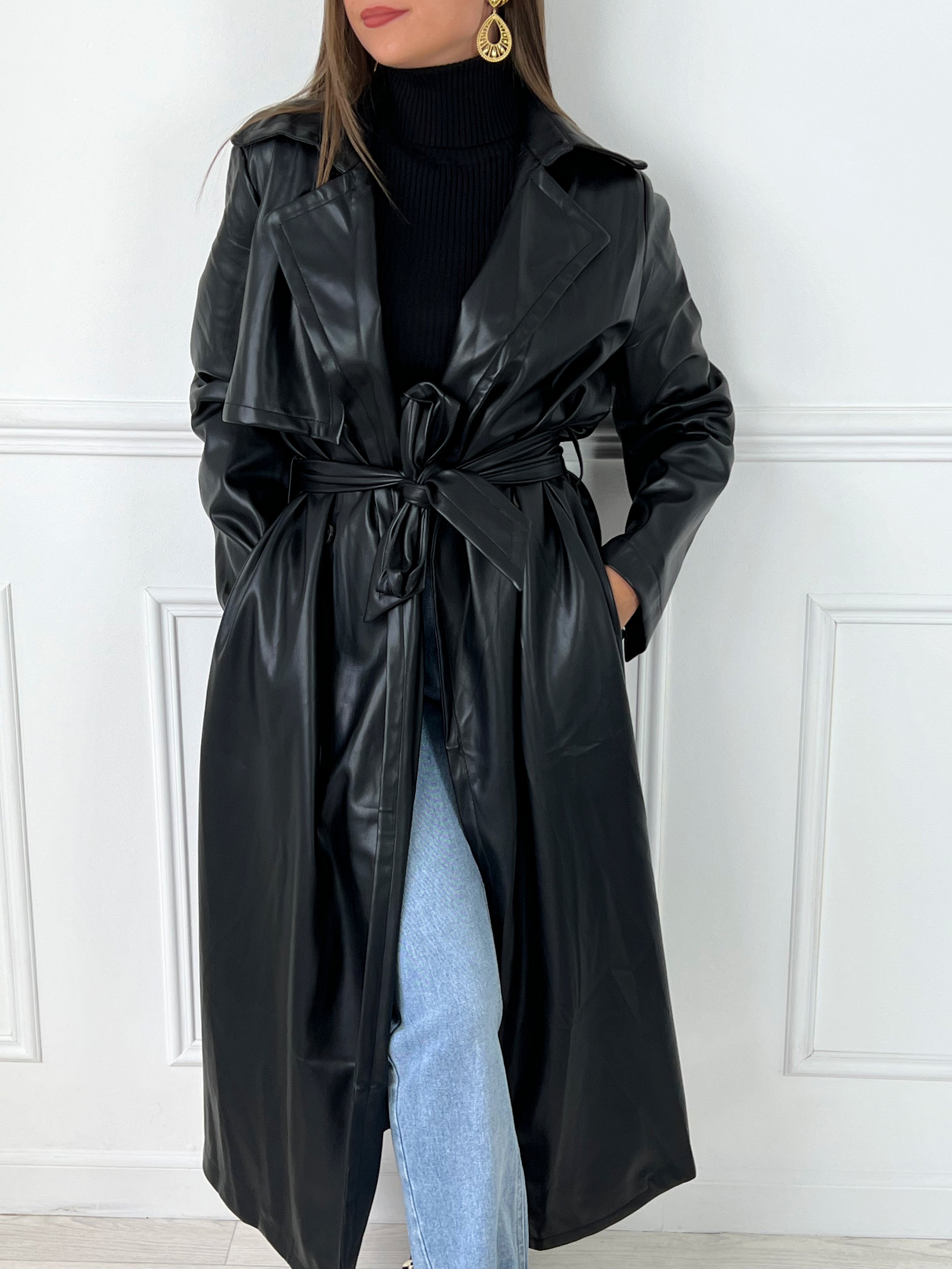 Trench long noir en simili Loicia
