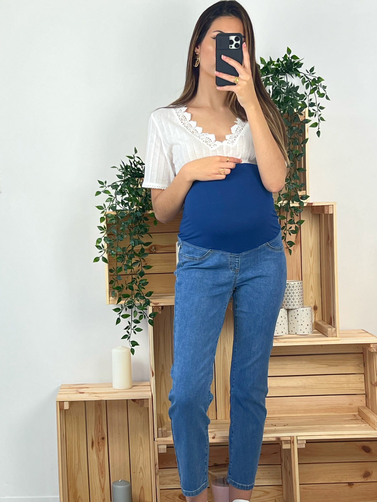 jean de grossesse coupe slim avec large bandeau elastique bleu